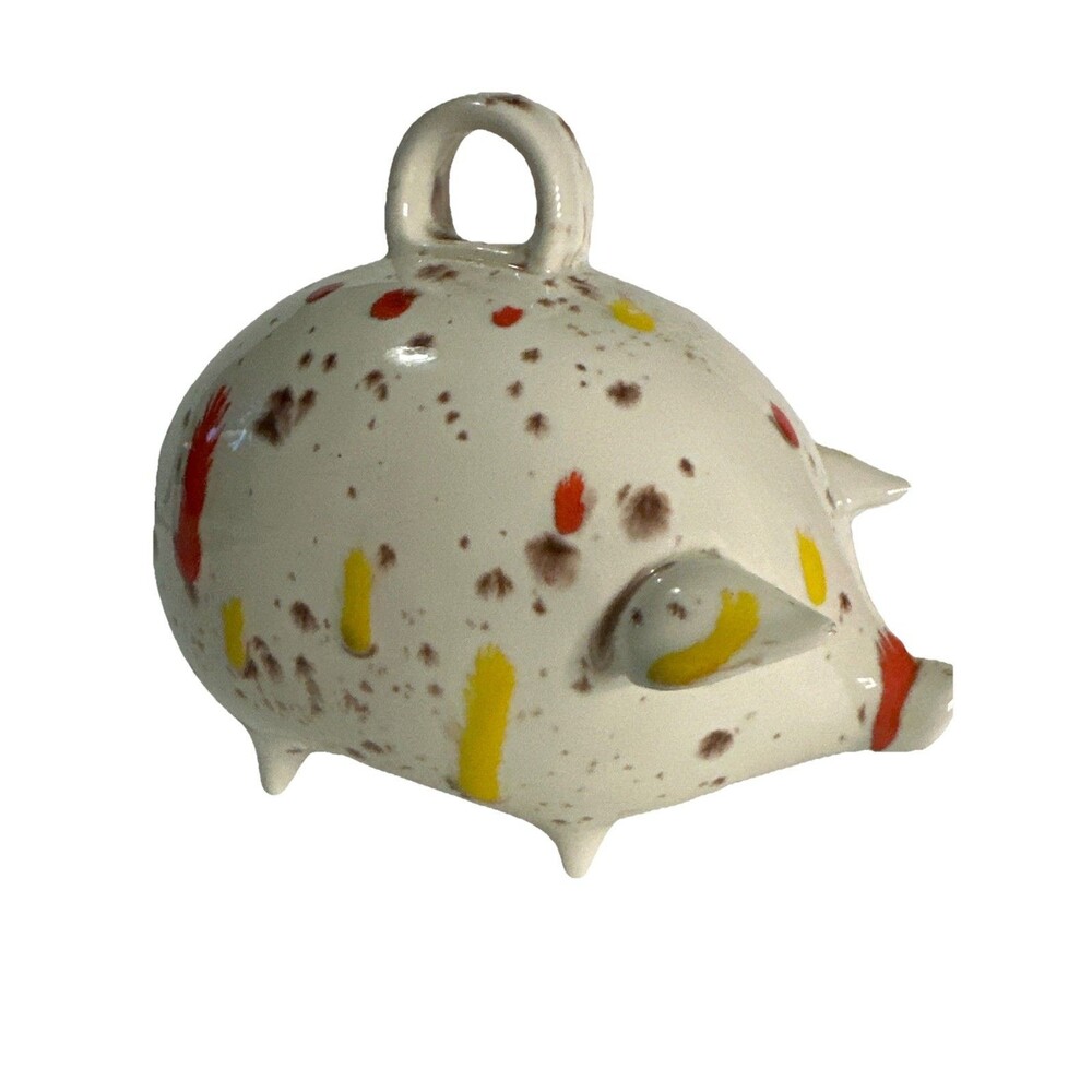 Vintage Ceramic Piggy Bank Coin Splatter Drip Glaze Red, Yellow Cream 1970s‎
